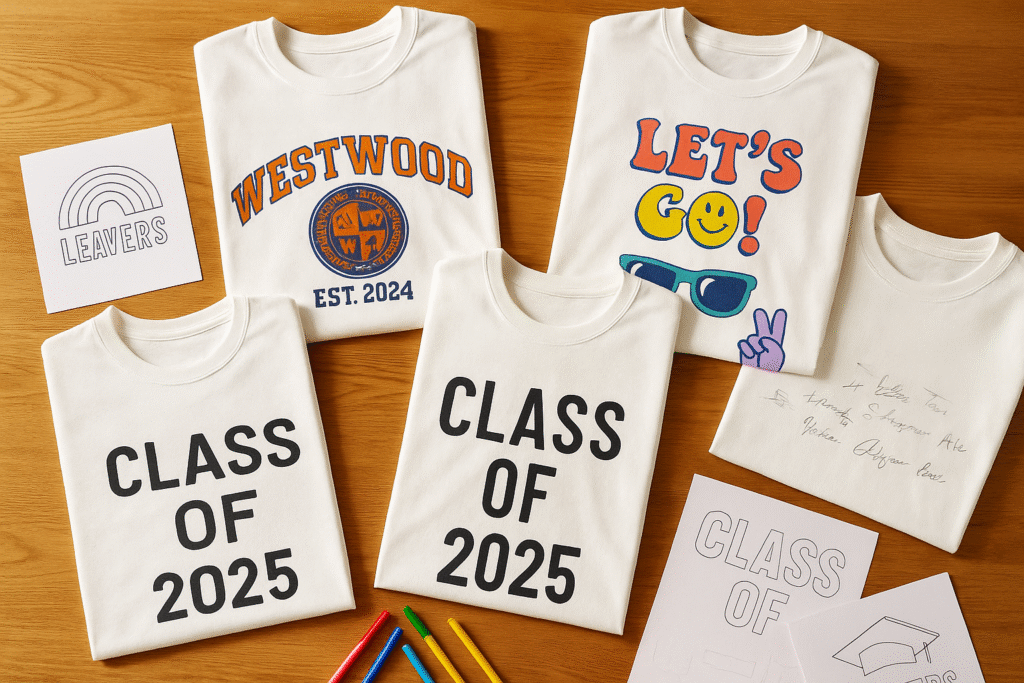Various custom leavers shirts designs on display