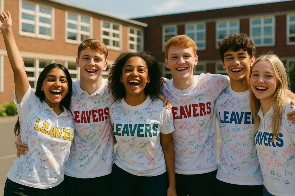 Students wearing their personalised custom leavers shirts